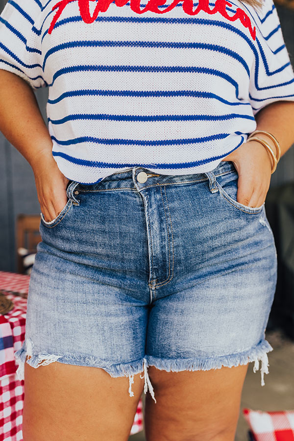 Risen Maeve High Waist Frayed Shorts in Medium Wash Curves Image - 3