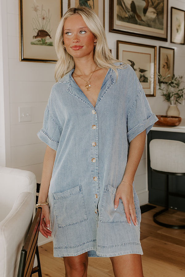 Living For Lake Life Chambray Mini Dress in Light Wash Image - 2