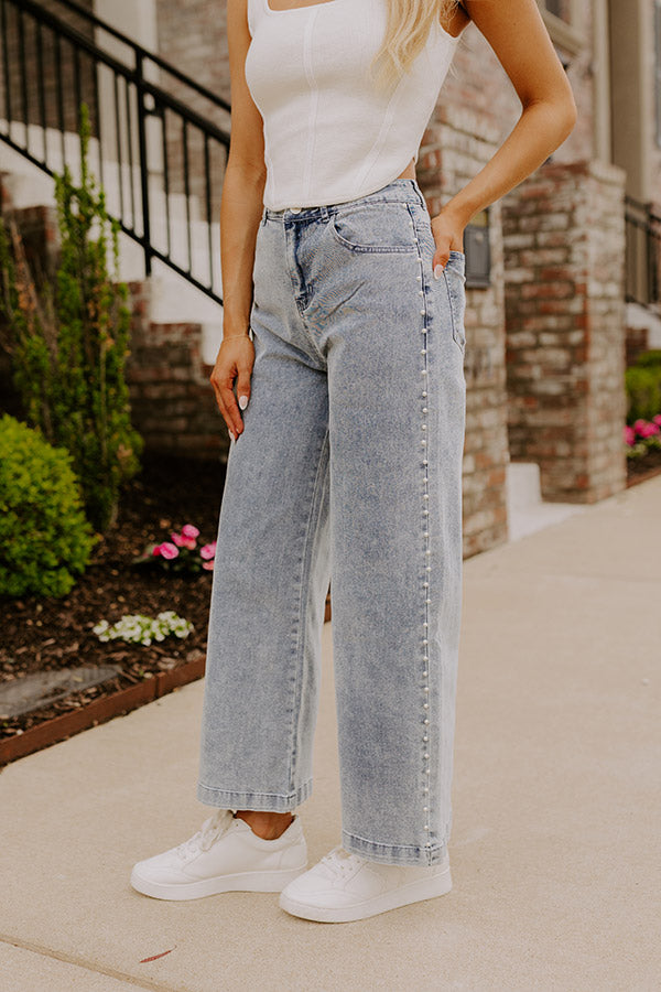 The Lorelai High Waist Pearl Embellished Jean in Light Wash Image - 1