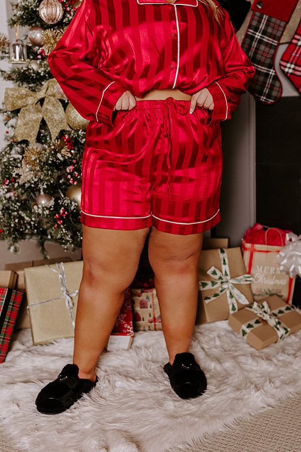 Calm Energy Satin Pajama Shorts in Crimson Curves Image - 3