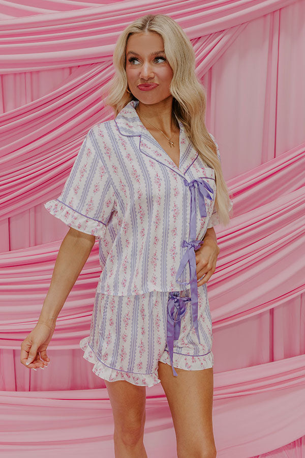 Cozy Tea Time Floral Satin Pajama Top in Lavender Image - 3