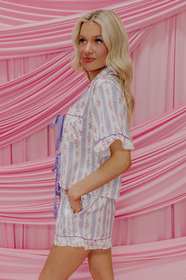 Cozy Tea Time Floral Satin Pajama Top in Lavender Image - 4