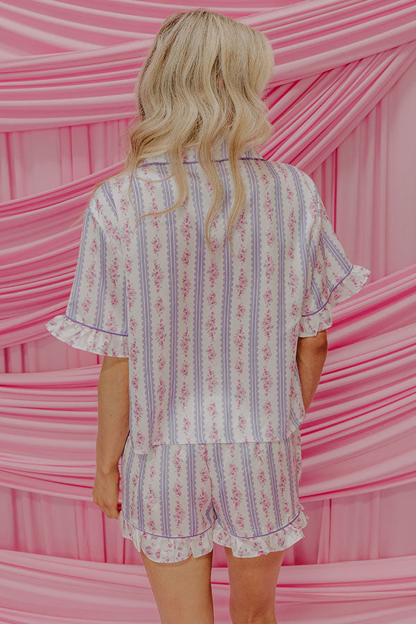 Cozy Tea Time Floral Satin Pajama Top in Lavender Image - 5