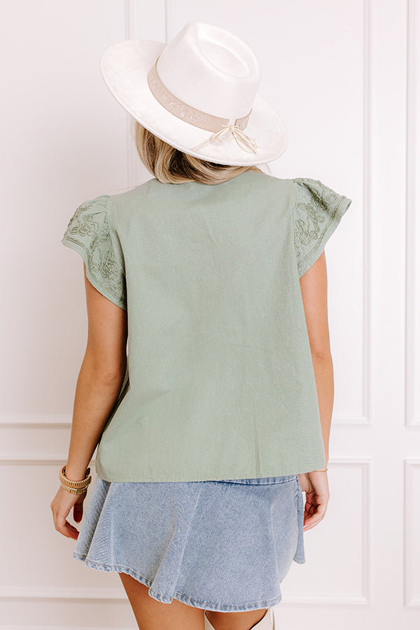Farmers Market Cutie Embroidered Chambray Top in Sage Image - 5