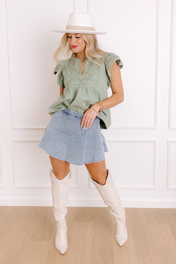 Farmers Market Cutie Embroidered Chambray Top in Sage Image - 2