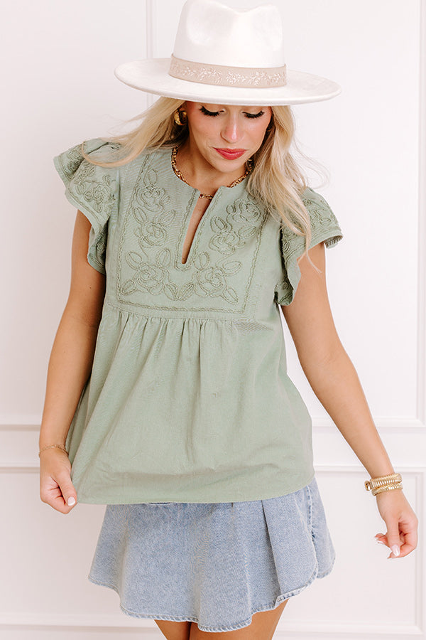 Farmers Market Cutie Embroidered Chambray Top in Sage Image - 1
