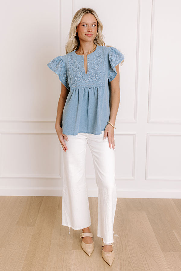 Farmers Market Cutie Embroidered Chambray Top in Light Wash Image - 2