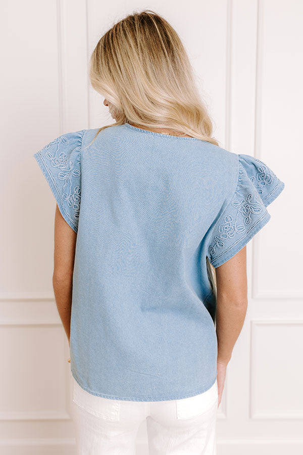 Farmers Market Cutie Embroidered Chambray Top in Light Wash Image - 5