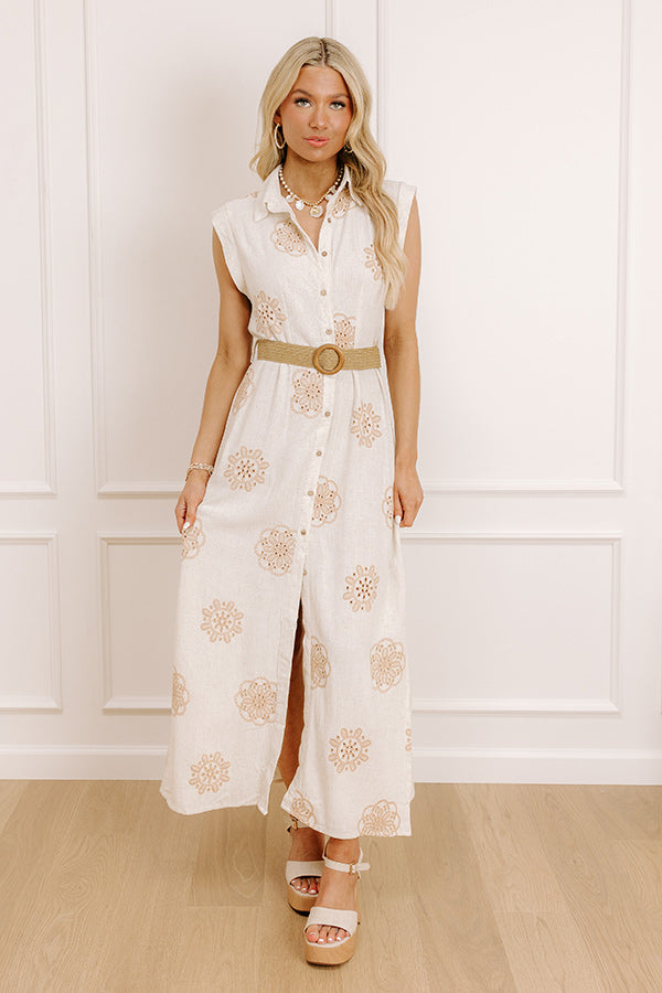 Oceanfront Views Embroidered Linen-Blend Midi Dress Image - 3