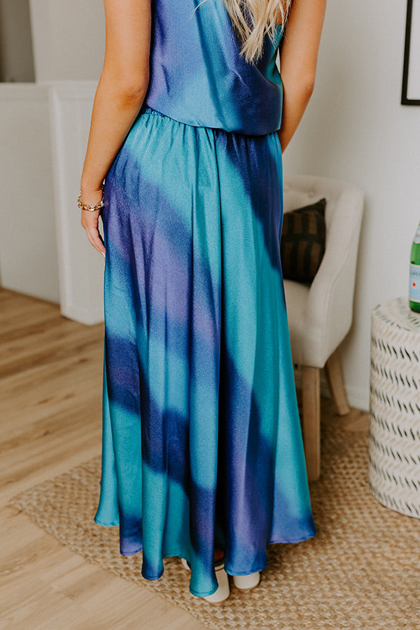Moonlit Lagoon High Waist Satin Midi Skirt in Blue Image 4
