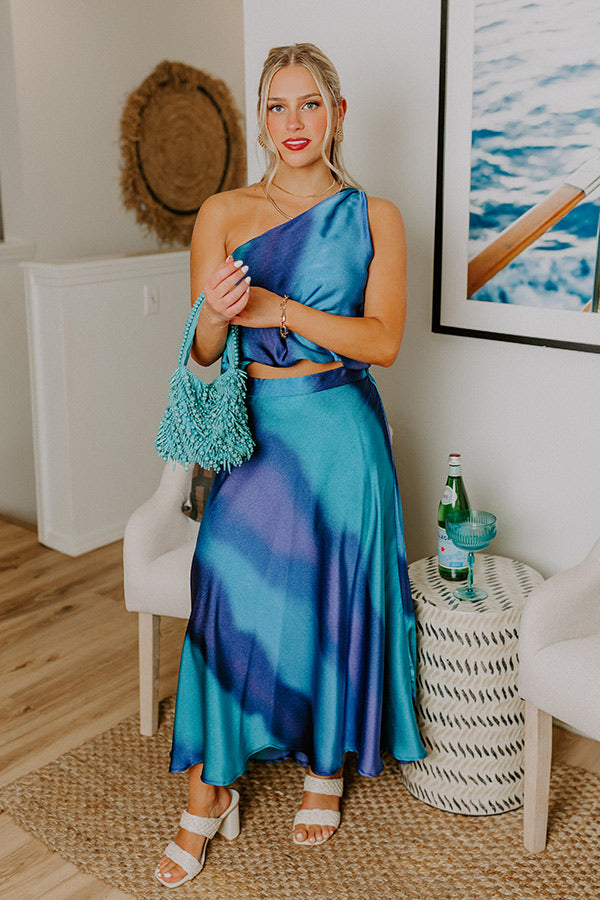 Moonlit Lagoon High Waist Satin Midi Skirt in Blue Image 5