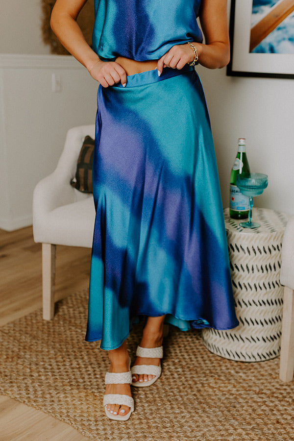 Moonlit Lagoon High Waist Satin Midi Skirt in Blue Image 2