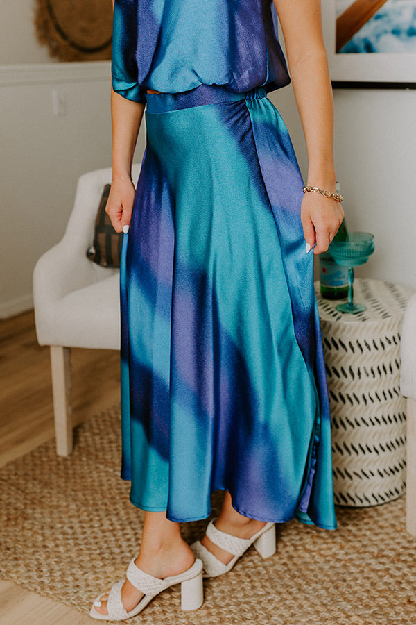 Moonlit Lagoon High Waist Satin Midi Skirt in Blue Image 3