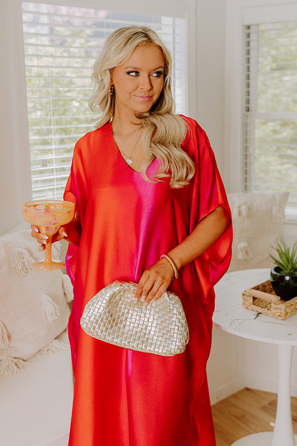 Moonlit Lagoon Satin Caftan Maxi Dress in Red Image 4