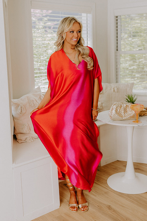 Moonlit Lagoon Satin Caftan Maxi Dress in Red Image 3