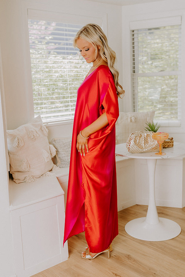 Moonlit Lagoon Satin Caftan Maxi Dress in Red Image 5