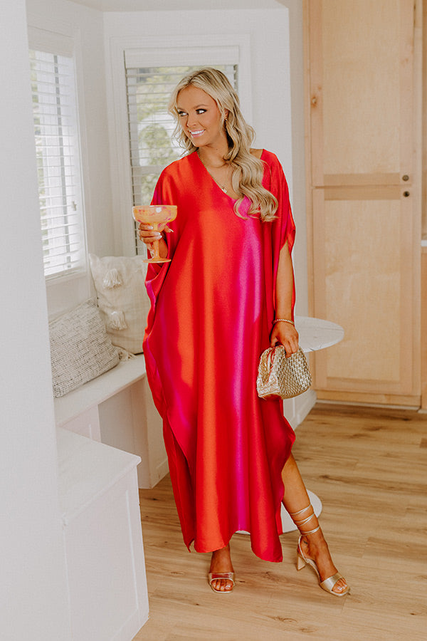 Moonlit Lagoon Satin Caftan Maxi Dress in Red Image 2