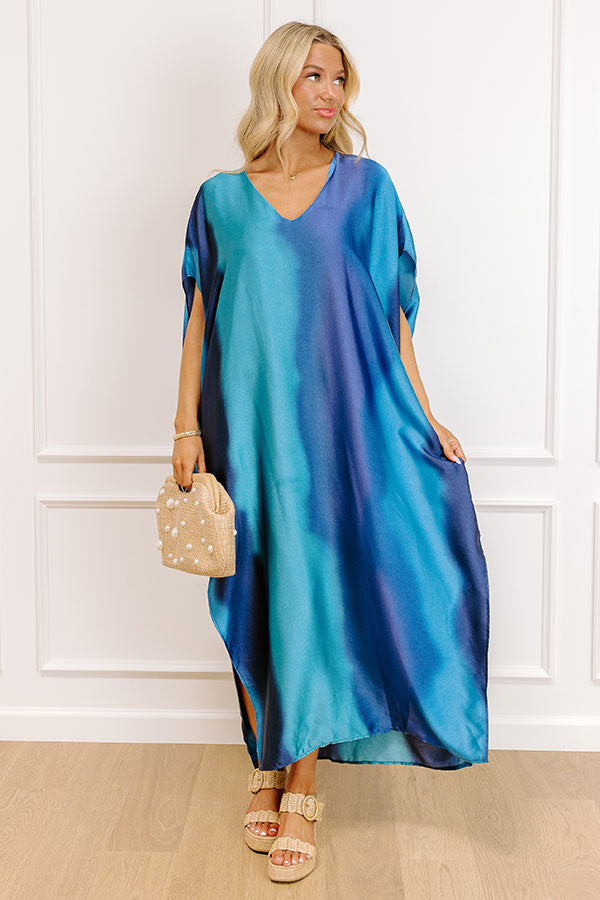 Moonlit Lagoon Satin Caftan Maxi Dress in Blue Image 2