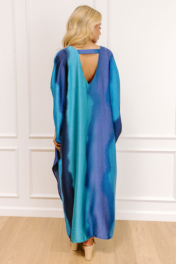 Moonlit Lagoon Satin Caftan Maxi Dress in Blue Image 3