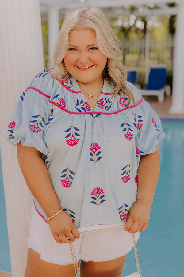 Joyful Bloom Floral Embroidered Top in Sky Blue Curves Image 2