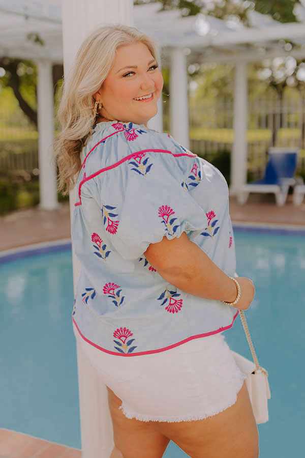 Joyful Bloom Floral Embroidered Top in Sky Blue Curves Image 3