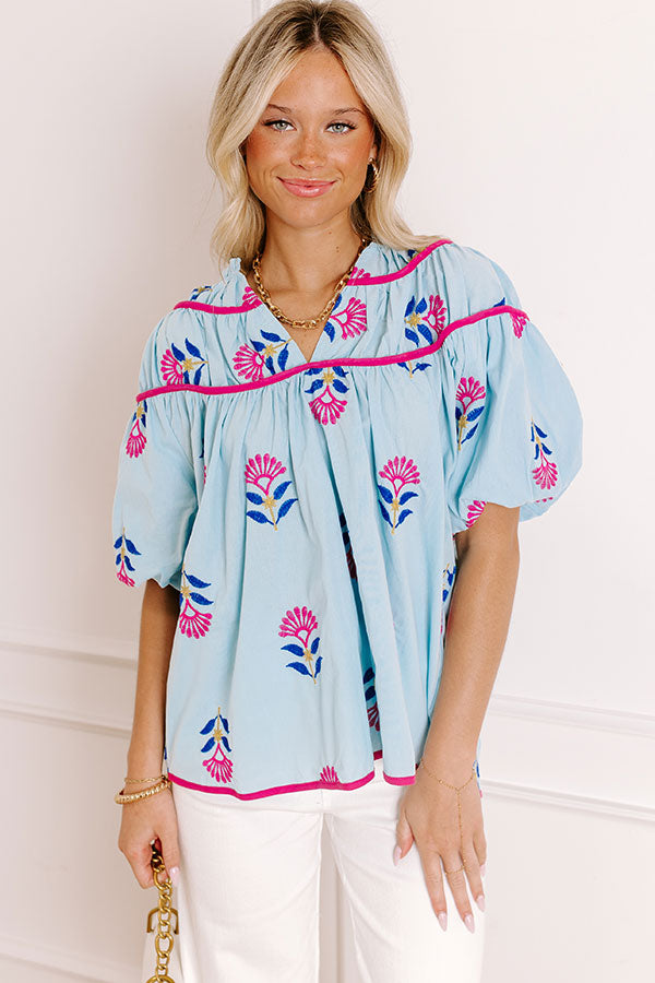 Joyful Bloom Floral Embroidered Top in Sky Blue Image 1