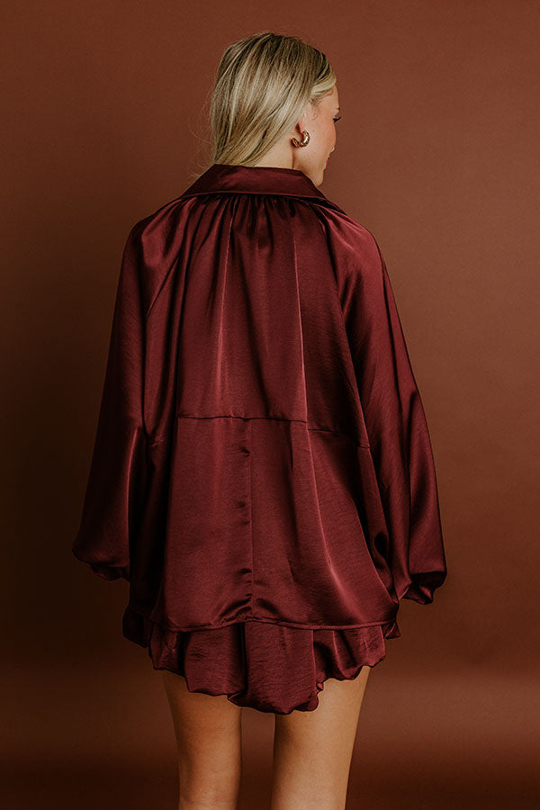 Rooftop Cocktails Satin Zip Up Top in Merlot Image 5