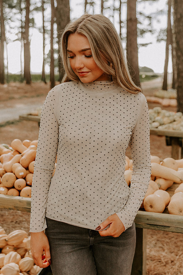 Subtle Shine Embellished Mesh Top in Beige Image - 4