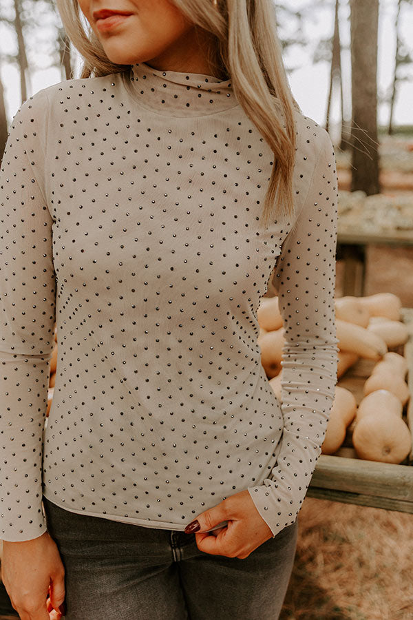 Subtle Shine Embellished Mesh Top in Beige Image - 5