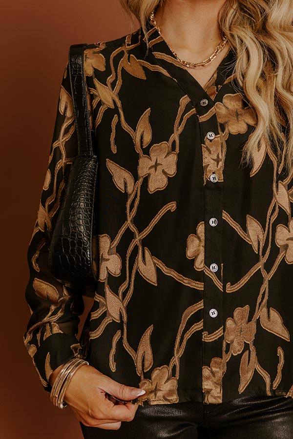 Elegant Ease Floral Jacquard Button Up Top Image - 4