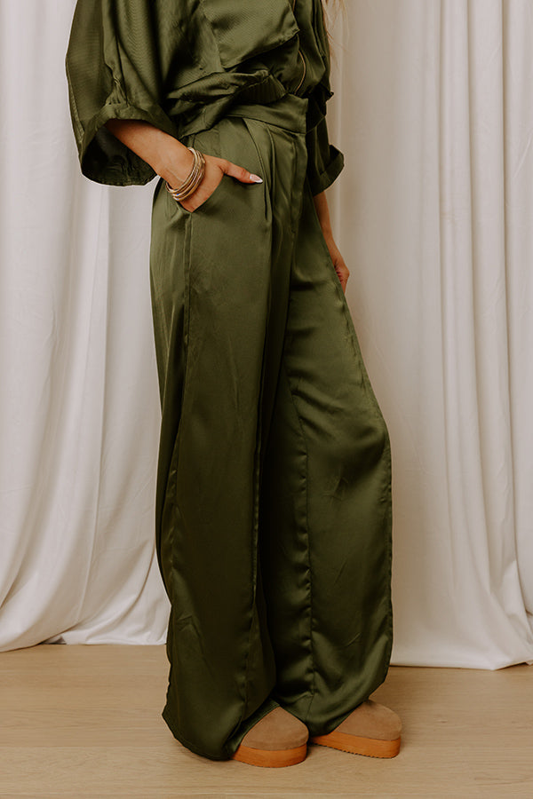 Perfectly Polished High Waist Satin Wide Leg Pants in Olive Image - 3