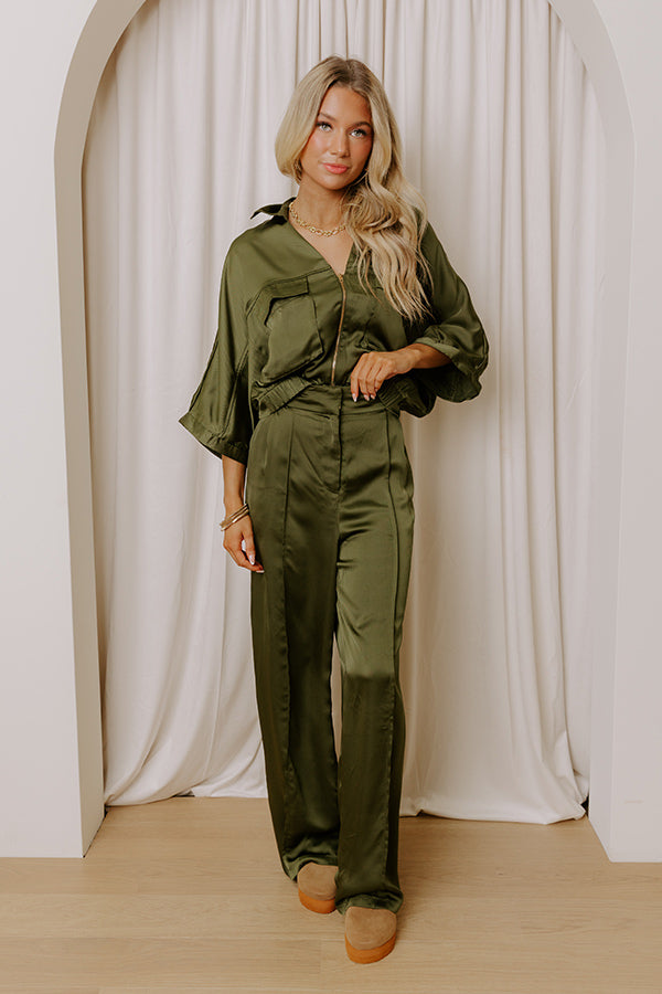 Perfectly Polished High Waist Satin Wide Leg Pants in Olive Image - 1