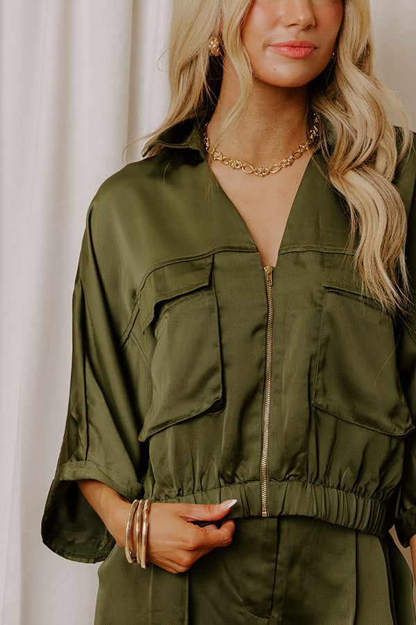 Perfectly Polished Satin Zip Up Top in Olive Image - 2