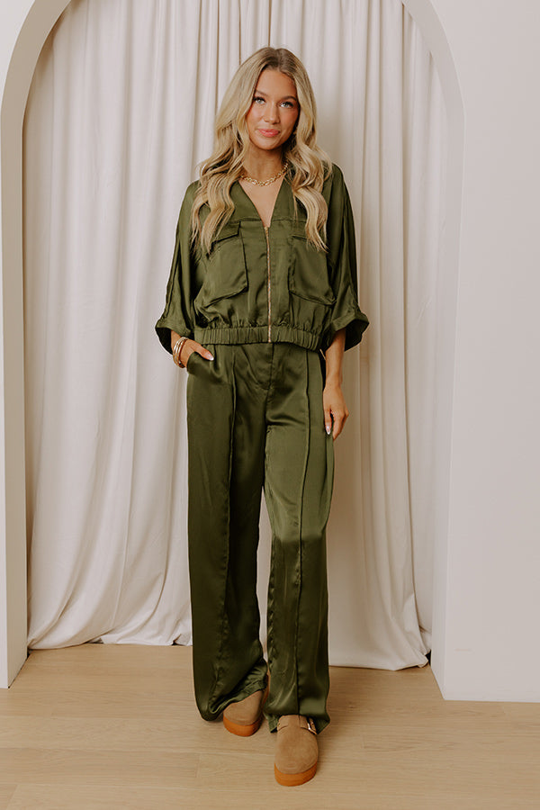 Perfectly Polished Satin Zip Up Top in Olive Image - 4