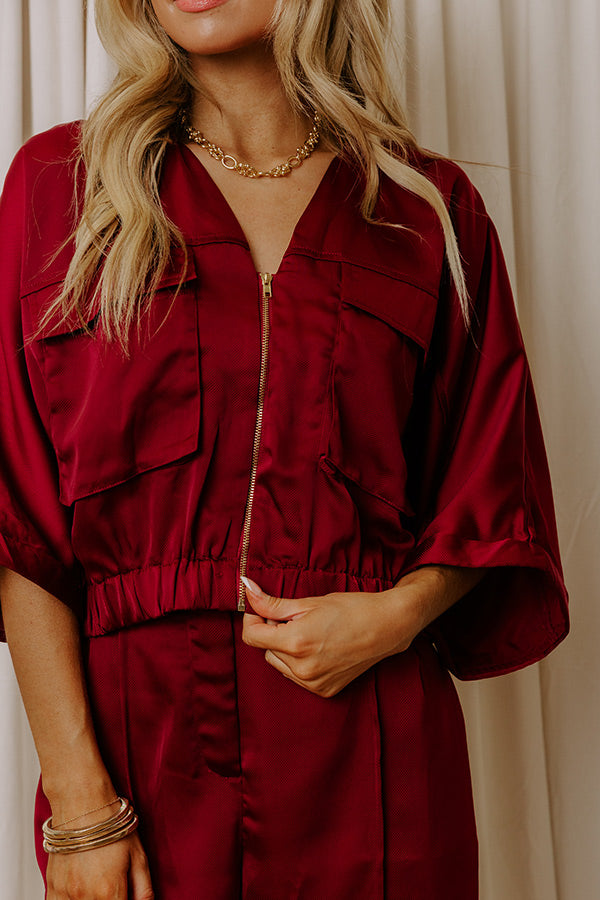 Perfectly Polished Satin Zip Up Top in Merlot Image - 3