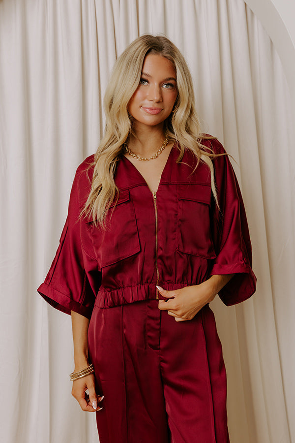 Perfectly Polished Satin Zip Up Top in Merlot Image - 1