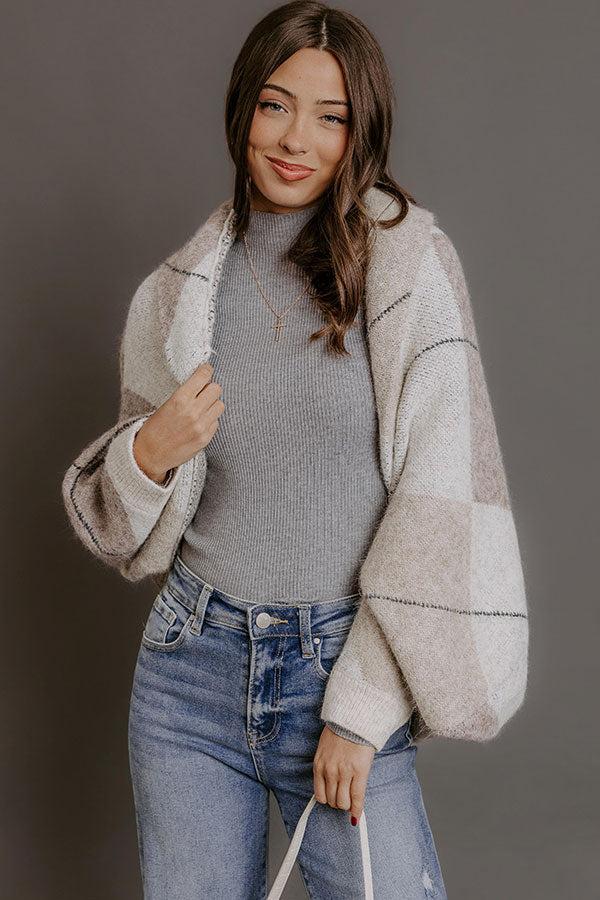 Cozy Lane Knit Plaid Shrug Cardigan in Oatmeal Image - 1