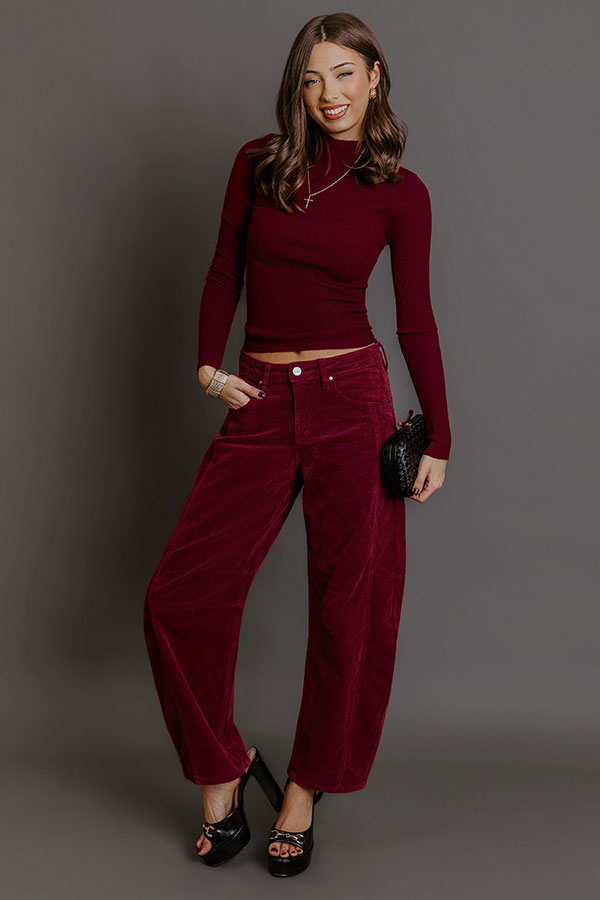 RISEN Cora High Waist Corduroy Barrel Leg Pants in Wine Image - 1