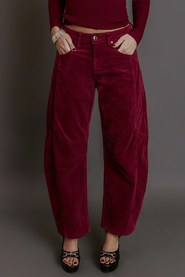 RISEN Cora High Waist Corduroy Barrel Leg Pants in Wine Image - 2